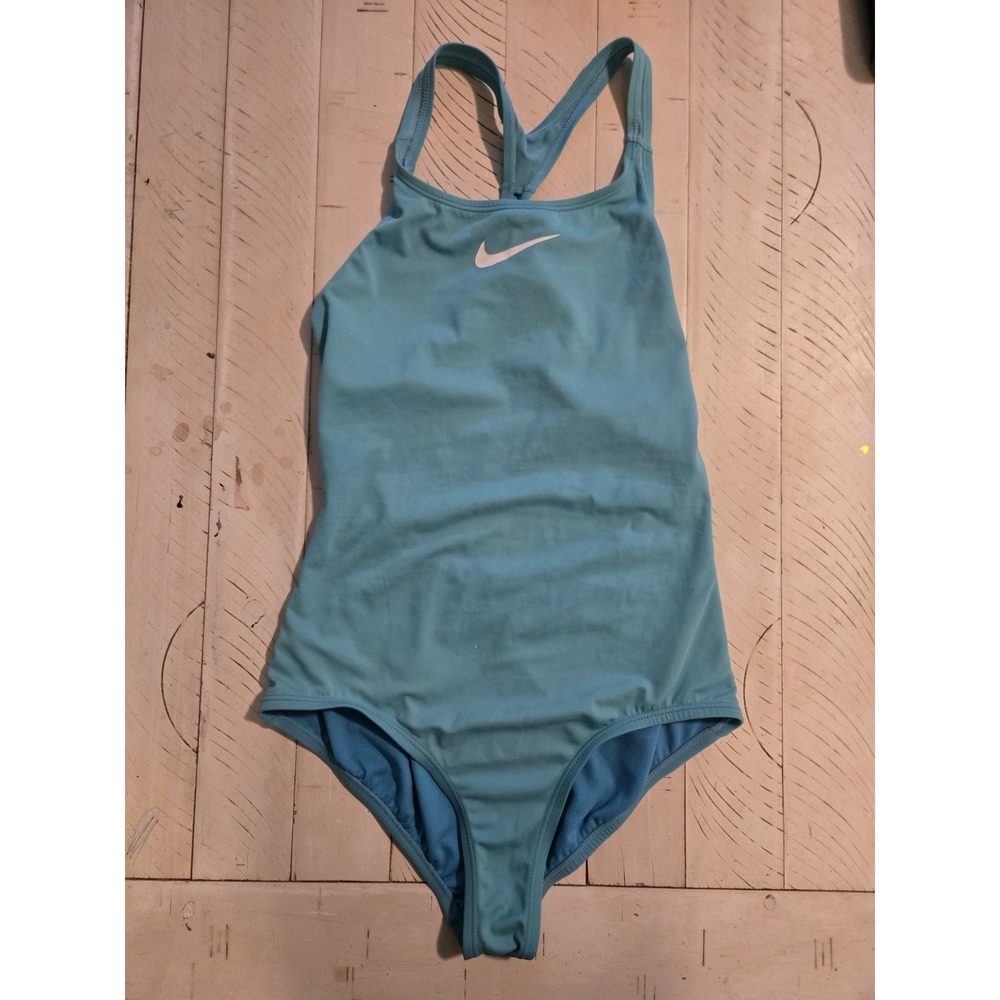 Nike Girls One Piece Swimsuit Aqua Blue Racerback Youth XL 13-15 Years Athletic